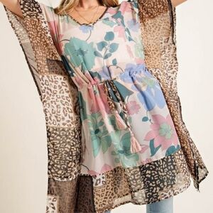 Blooming Cheetah Cover Up Top Blue and Brown Patterned Kaftan